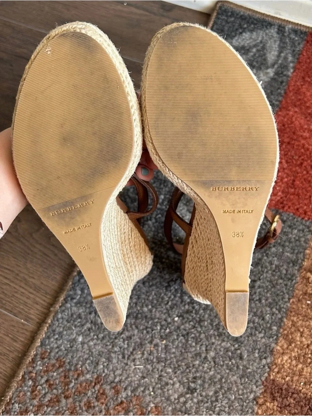Burberry Brown Leather And Rope Espadrille Wedge Sandals House Check